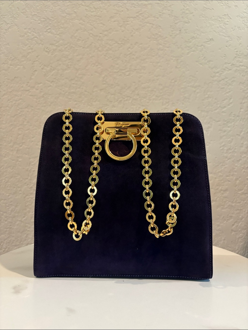 Salvatore Ferragamo Navy Suede Shoulder Bag with Gold Chain